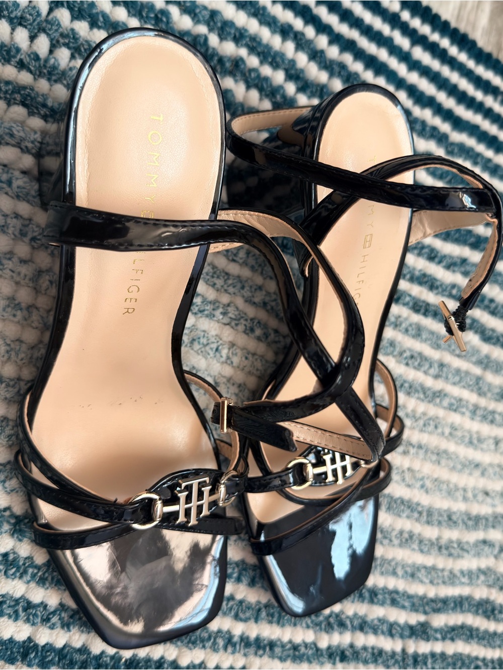 Tommy Hilfiger Black Patent Strappy Heel Sandals with Gold Logo
